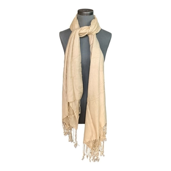 Scarf With Fringe Beige Pashmina Women’s Scarf Neck Warmer Shawl Wrap - Picture 2 of 4